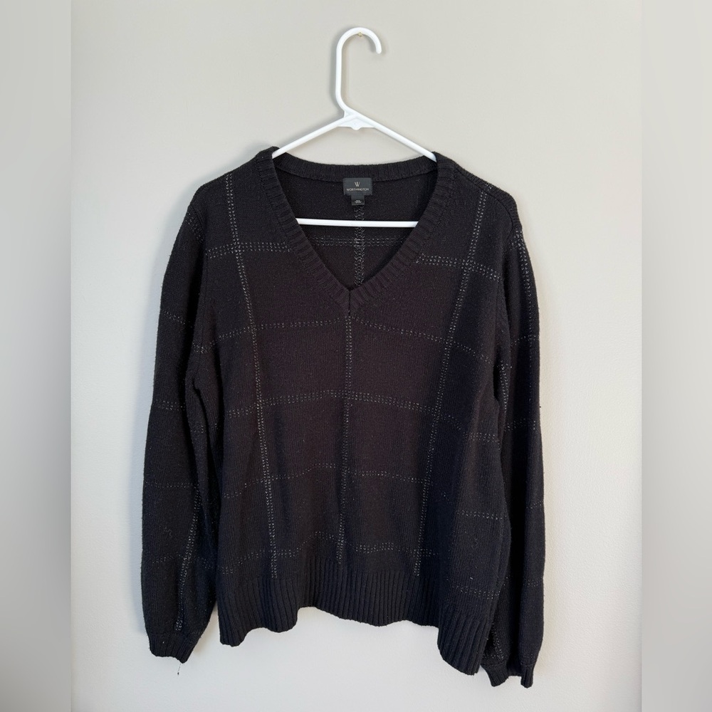 Worthington Women’s Windowpane metallic Black V-neck Knit Sweater XL